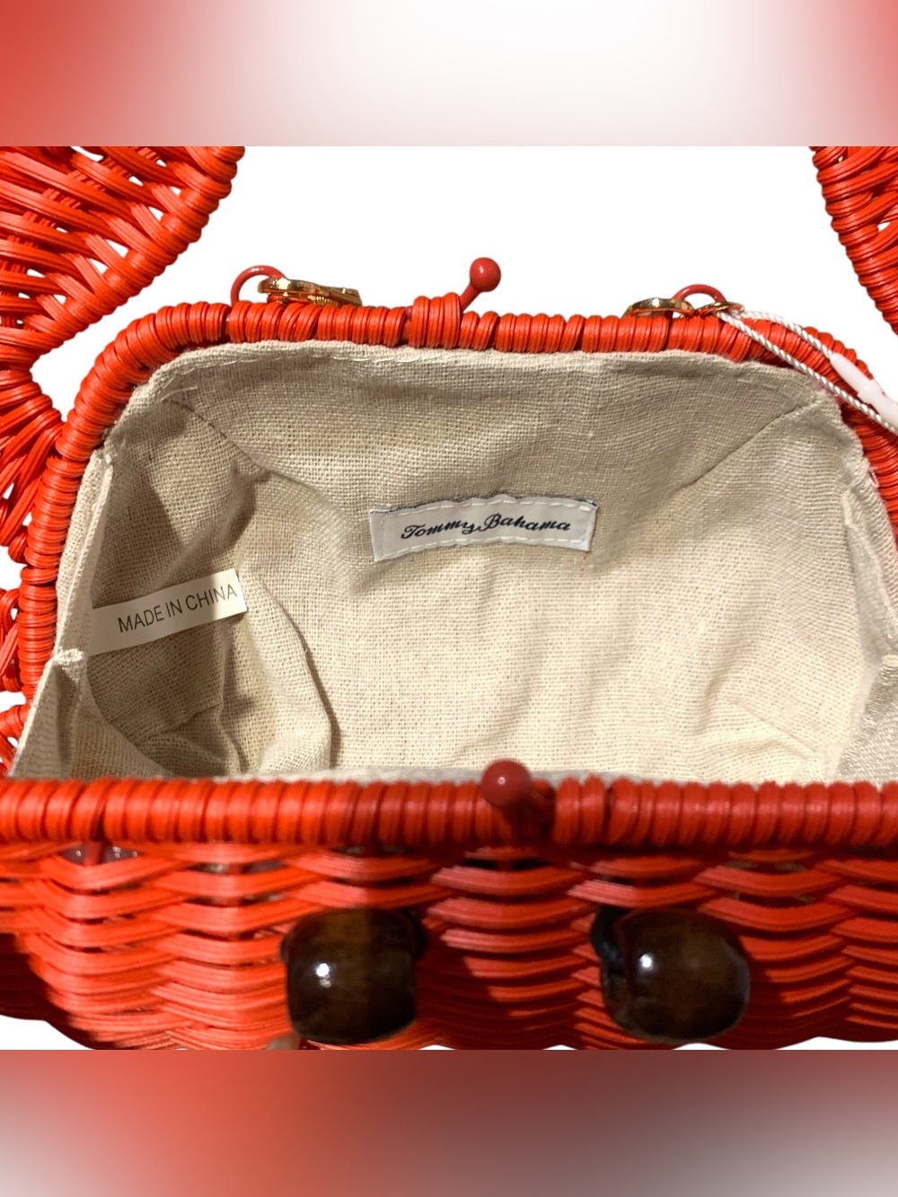 Tommy Bahama Red Crab Woven Straw Wicker Bag Gold Chain Crossbody & Clear Beads - Picture 5 of 7